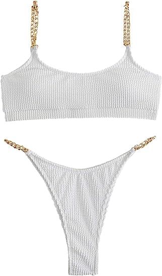 Romwe Women's 2 Piece Bathing Suit Cheeky Chain Strap Solid Cami Bikini Swimsuit Swimwear | Amazon (US)