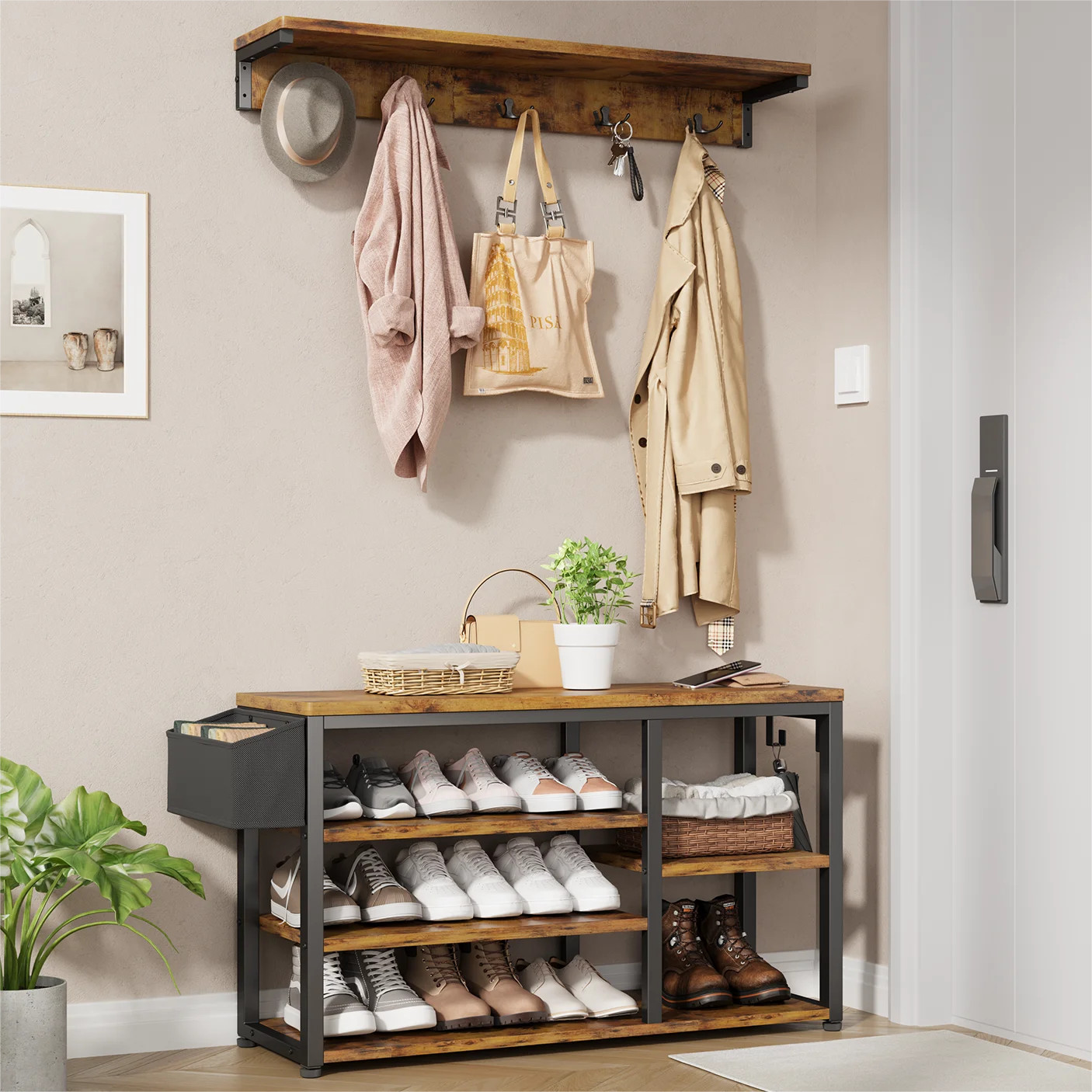 Hall Tree with Bench and Shoe Storage, Lofka 4 in 1 Coat Rack Set, Entryway Bench with 5 Storage,... | Walmart (US)