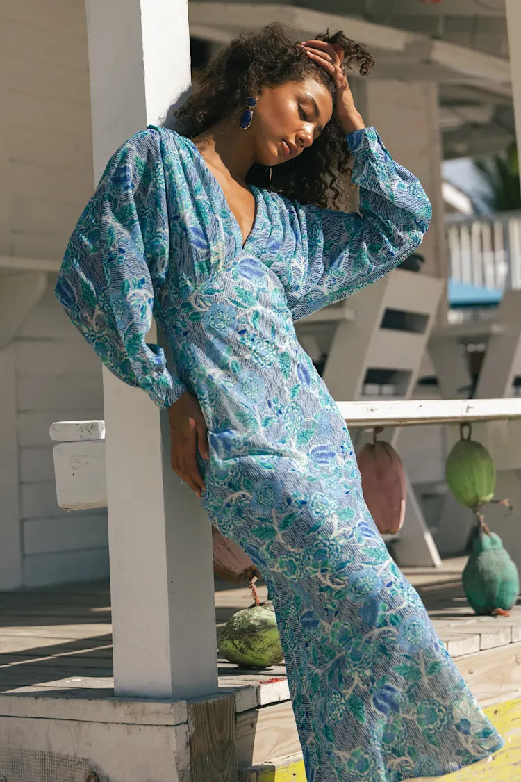 Azalea Blue Multi Floral Long Sleeve Midi Dress | Lulus