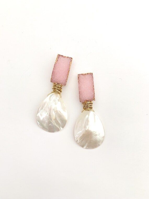 Pink Druzy Pearl Earrings - Mother of Pearl MOP Teardrop Pink Rectangle Drusy Stone Stud Drop - H... | Etsy (US)