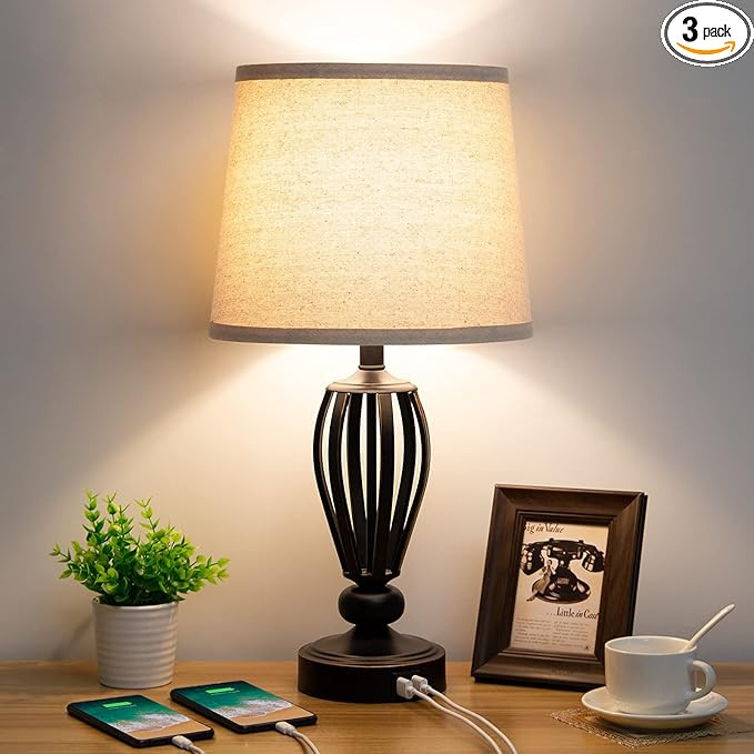 USB Bedside Lamp, 3 Way Dimmable Touch Table Lamp with Dual USB Charging Ports Industrial Table L... | Amazon (US)