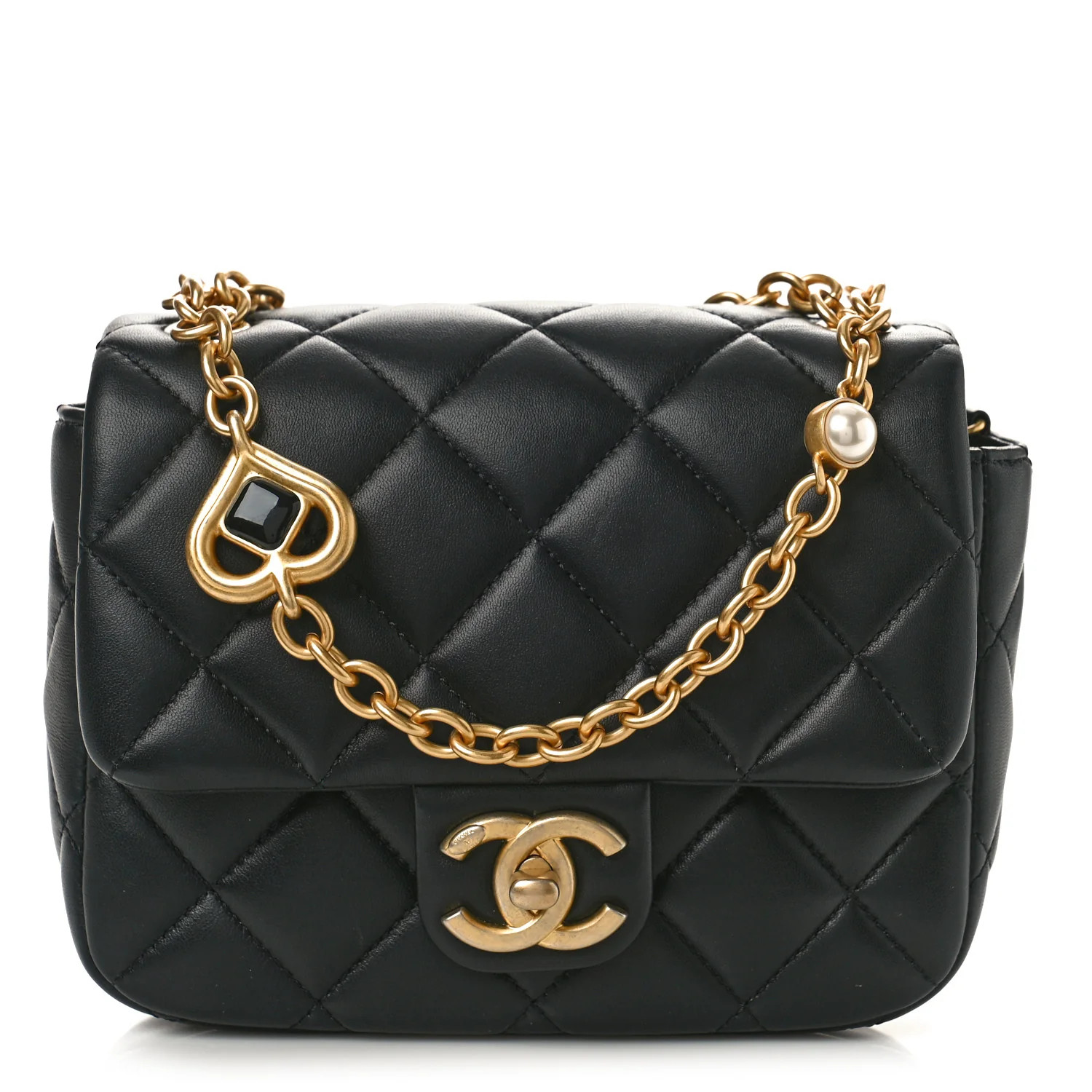 Lambskin Enamel Pearl Quilted Mini Charm Me Square Flap Black | FASHIONPHILE (US)