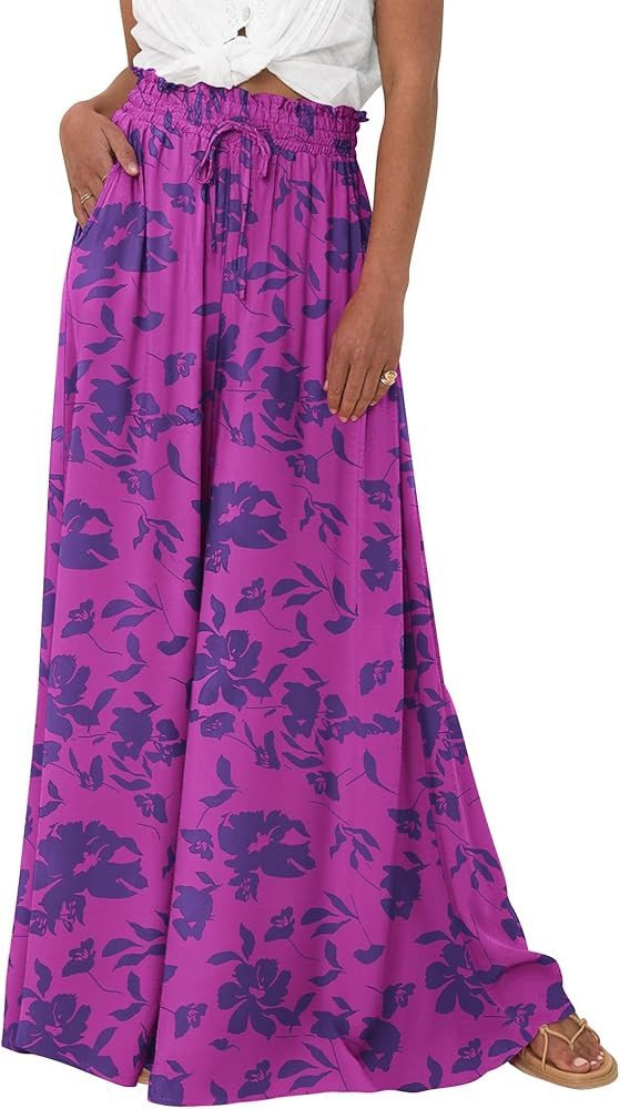 BTFBM Women Casual High Waist Wide Leg Pants Summer Floral Solid Long Palazzo Pants Lounge Beach ... | Amazon (US)