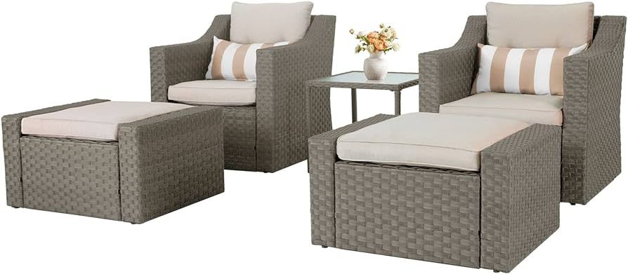 SOLAURA 5 Piece Patio Conversation Set Outdoor Furniture Set, Grey Wicker Lounge Chair with Ottom... | Amazon (US)