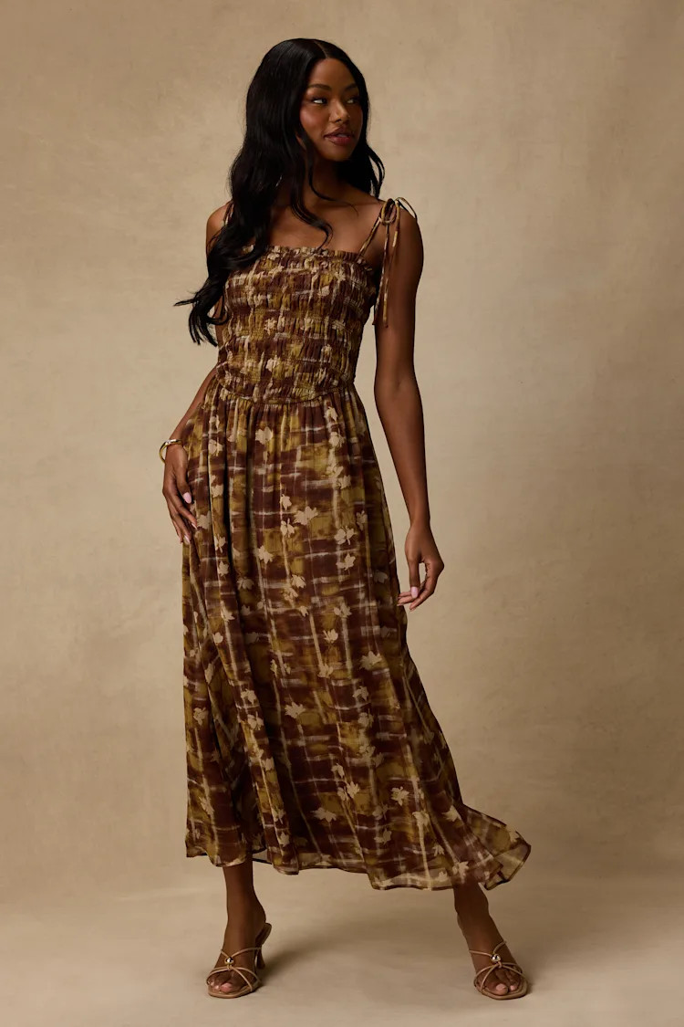 Rhodora Brown Multi Abstract Smocked Midi Dress | Lulus