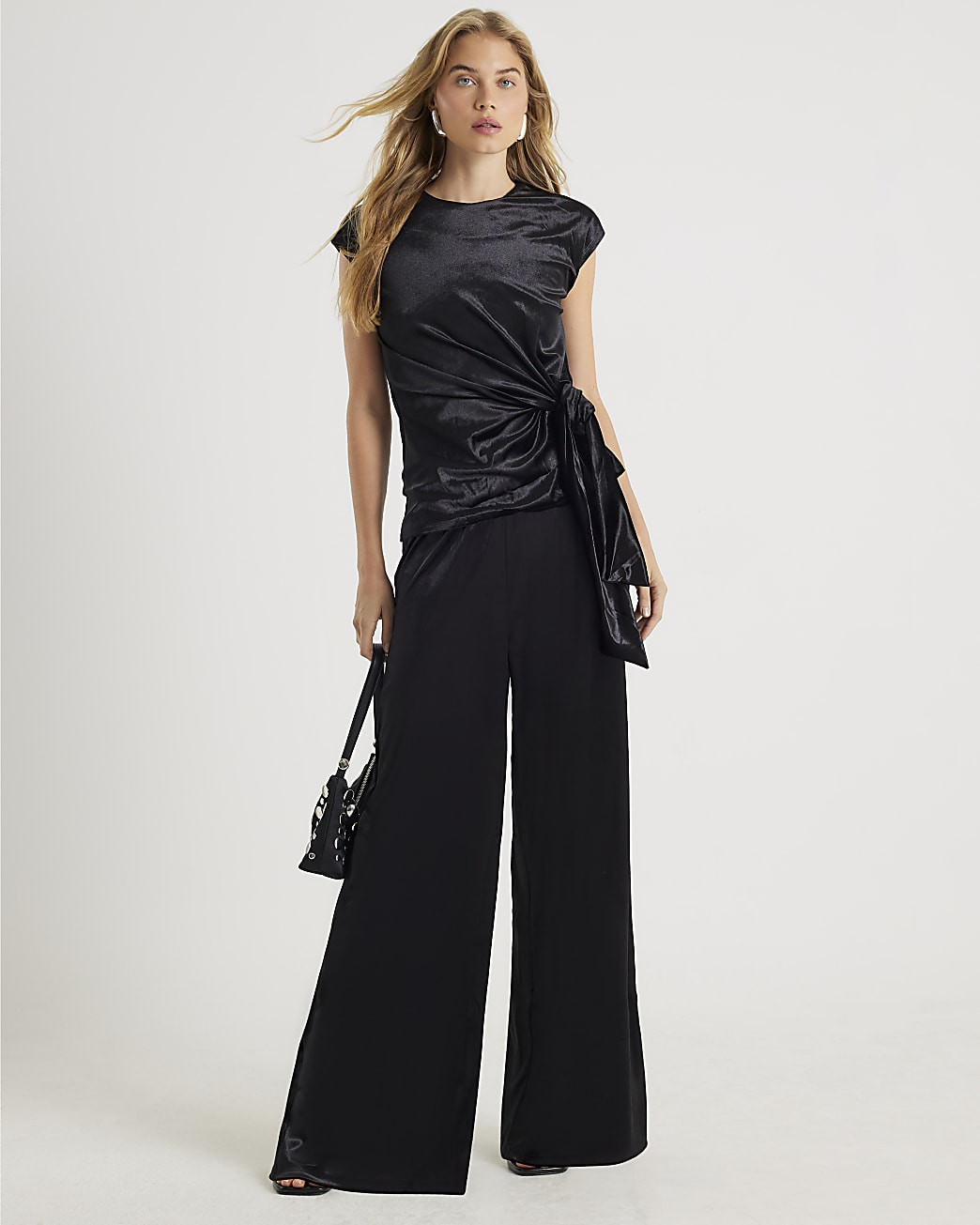 Black Velvet Wide Leg Joggers | River Island UK & IE