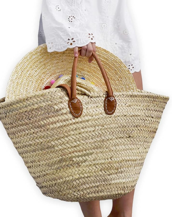 French Basket with Double Flat Leather Handles – Straw Tote, Beach Bag, Wicker Shopping Basket,... | Amazon (US)