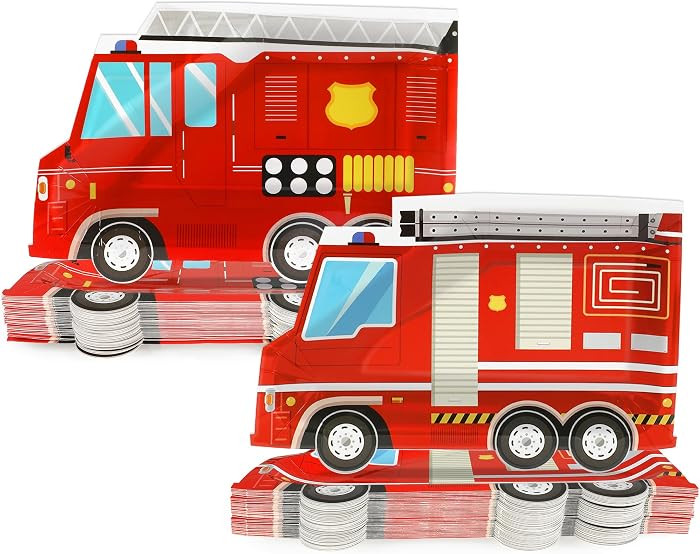 50 Pcs Firetruck Birthday Party Plates Fire Truck Shaped Disposable Plates Fireman Paper Plates F... | Amazon (US)