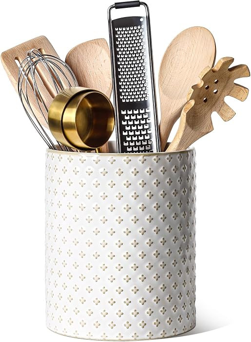 LE TAUCI Utensil Holder for Kitchen Counter - 7.1" Large Ceramic Kitchen Utensil Holder, Embossed... | Amazon (US)