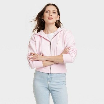 Women's Cropped Hooded Zip-Up Sweatshirt - Universal Thread™ Pink S | Target
