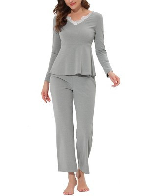cheibear Womens Sleepwear Lounge Ribbed Knit Peplum Tops with Lace Long Sleeve Pajamas Set Gray X Small | Target