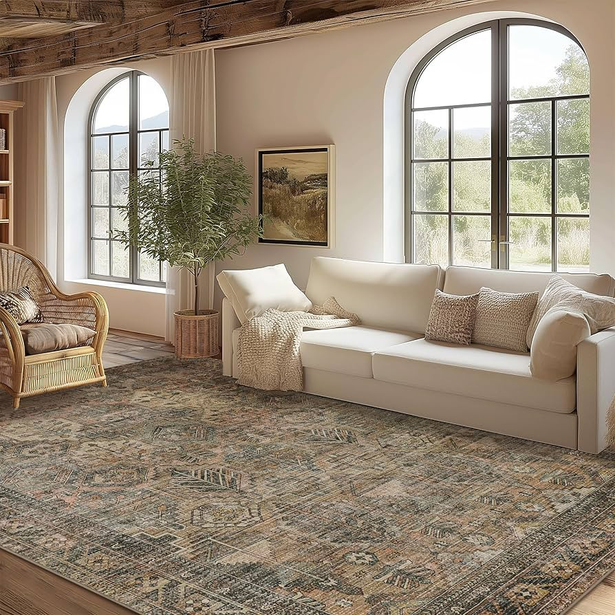 Bavni Area Rug 8x10 Machine Washable Vintage Distressed Print Ultra-Thin Chenille Bedroom Living ... | Amazon (US)