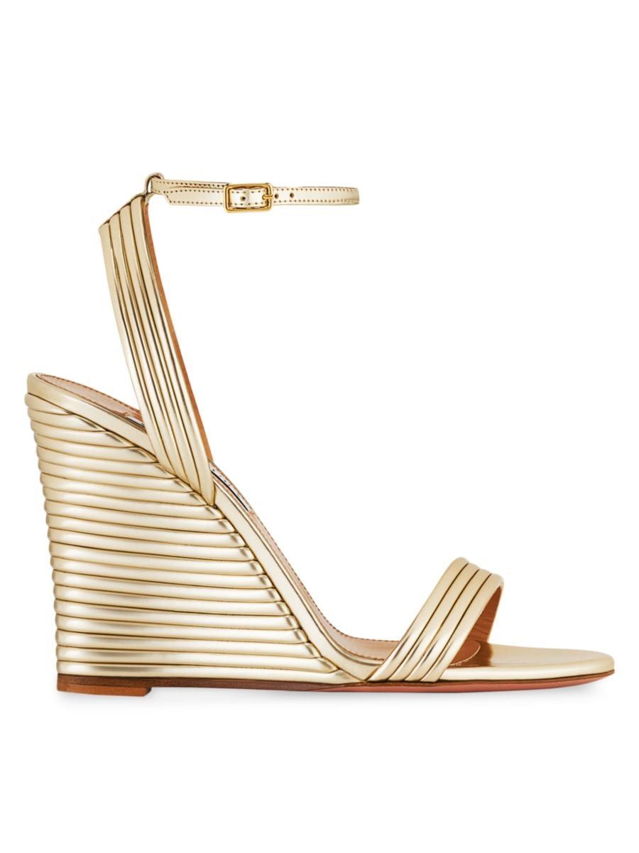 Shop Aquazzura Wow 95MM Metallic Wedge Sandals | Saks Fifth Avenue | Saks Fifth Avenue