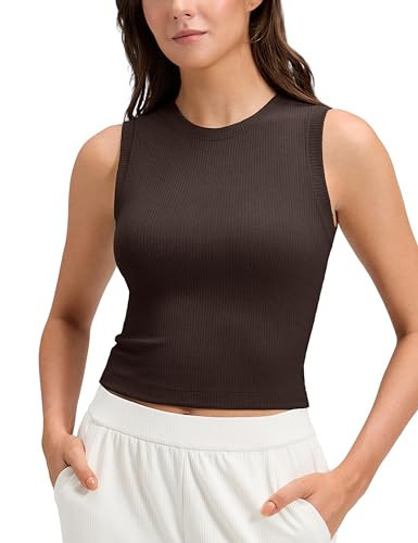 CRZ YOGA Ribbed High Neck Tank Top Hot Fudge Brown X-Small | Amazon (US)