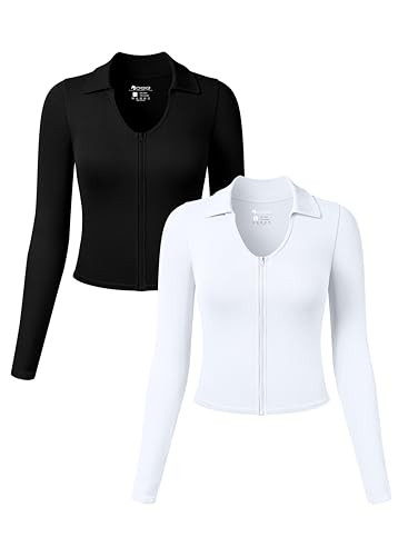OQQ Womens 2 Piece Long Sleeve Shirts Zipper Fashion Sexy Basic Tops Fitted Tee Shirts Black White | Amazon (US)