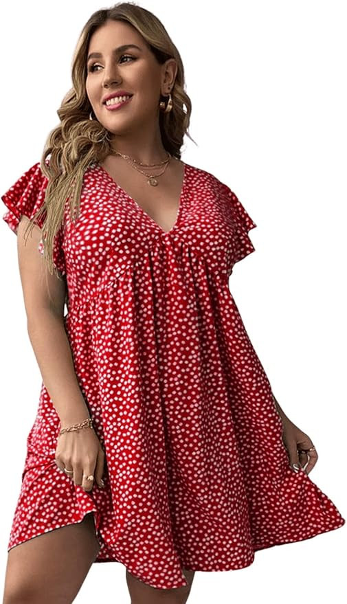 Floerns Women's Plus Size Floral V Neck Ruffle Sleeve Short Summer Dress | Amazon (US)