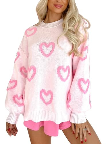 Women's Cute Heart Sweater Love Print Valentines Day Knitted Top Casual Crewneck Long Sleeve Sweaters Pullover (Adorable Pink, L) | Amazon (US)