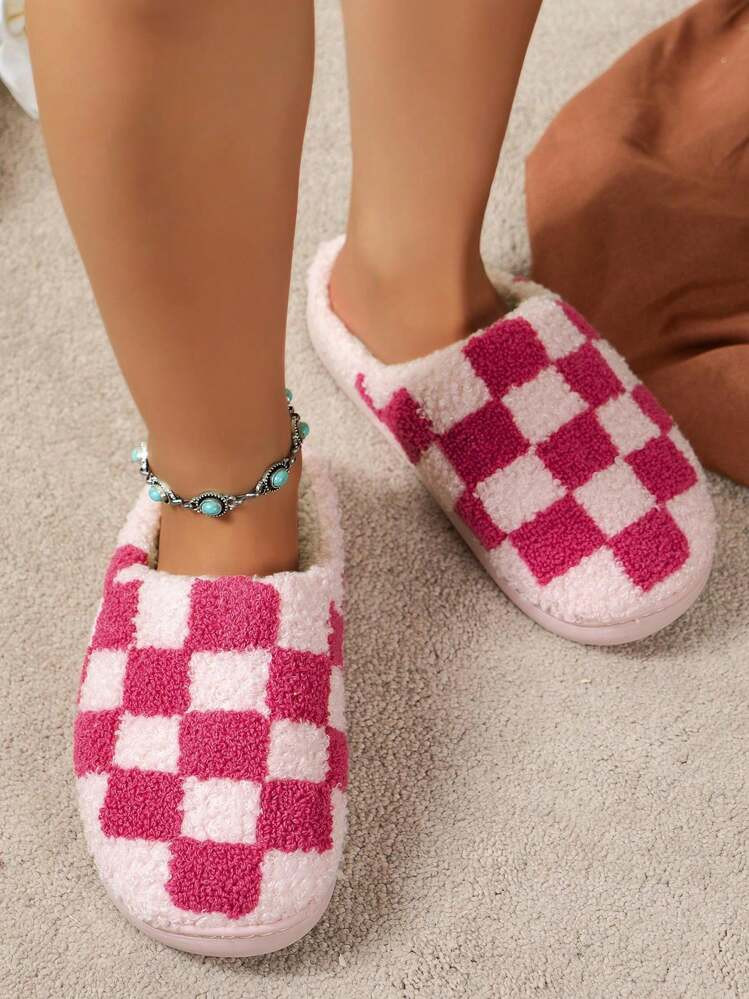 Women's Checkered Home Slippers, Autumn/Winter, Casual, Comfortable, Fluffy, Square Toe, Flat, Checkerboard, Pink, Indoor, Bedroom | SHEIN