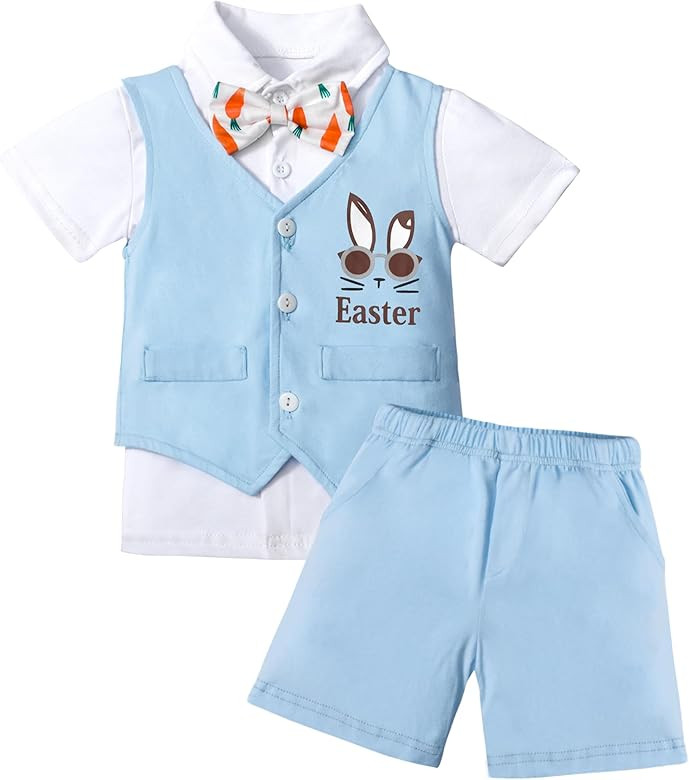 WIQI Baby Boy Easter Outfit, 12m-4t Short Sleeve Shirt +Light Blue Shorts +Vest +Bow Tie 4pcs Tod... | Amazon (US)