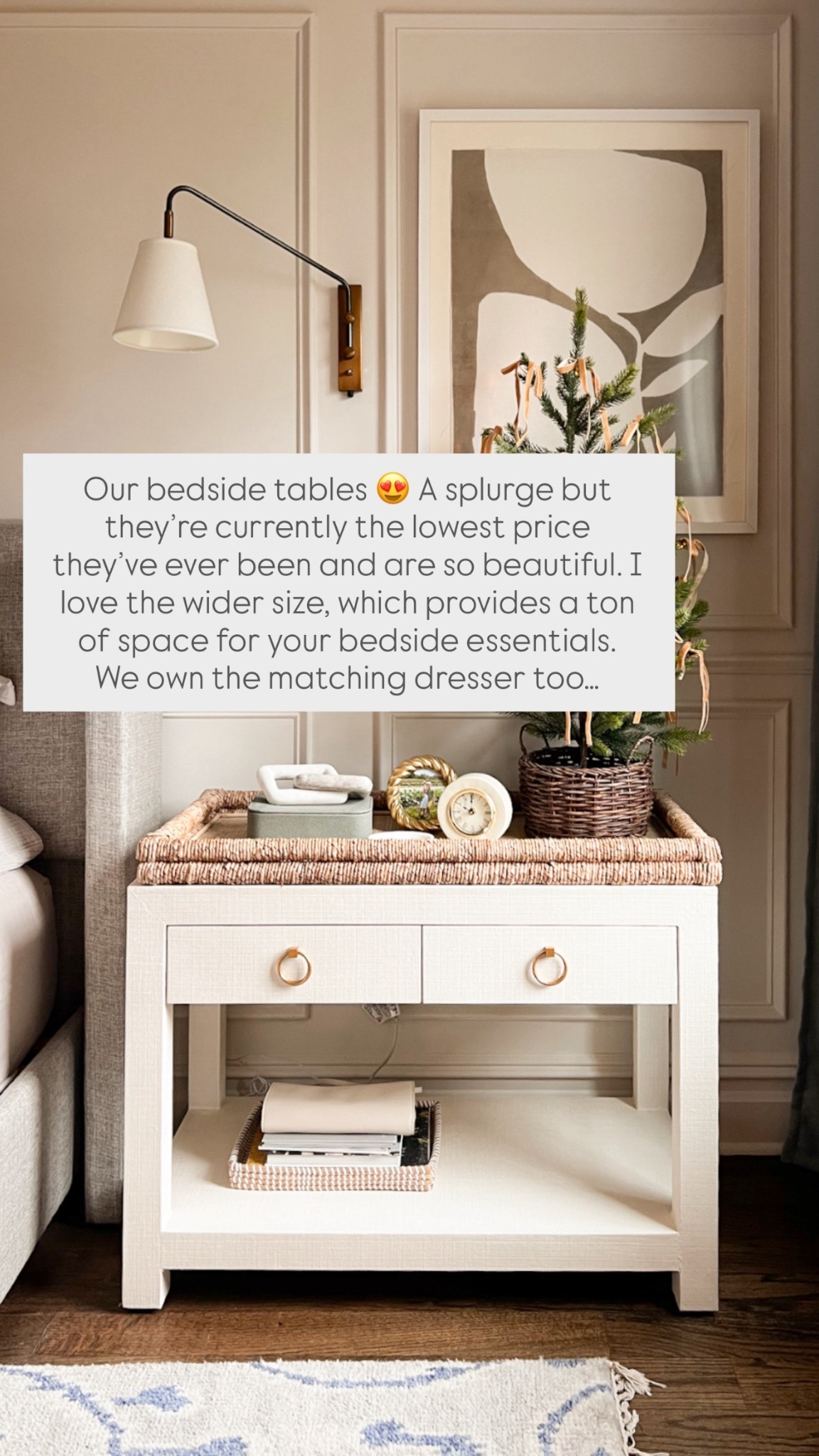 Our Serena & Lily bedside tables 😍 A splurge but they’re currently the lowest price they’ve ever been and are so beautiful. I love the wider size, which provides a ton of space for your bedside essentials.  We own the matching dresser too… 

#LTKSaleAlert #LTKSeasonal #LTKHome