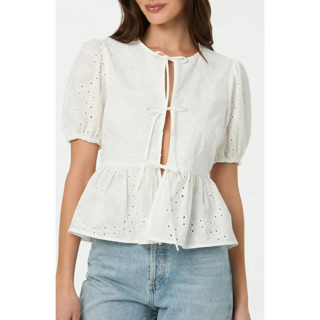 ASTR the Label Eyelet Embroidered Cotton Tie Front Peplum Top in White at Nordstrom Rack, Size Medium | Nordstrom Rack