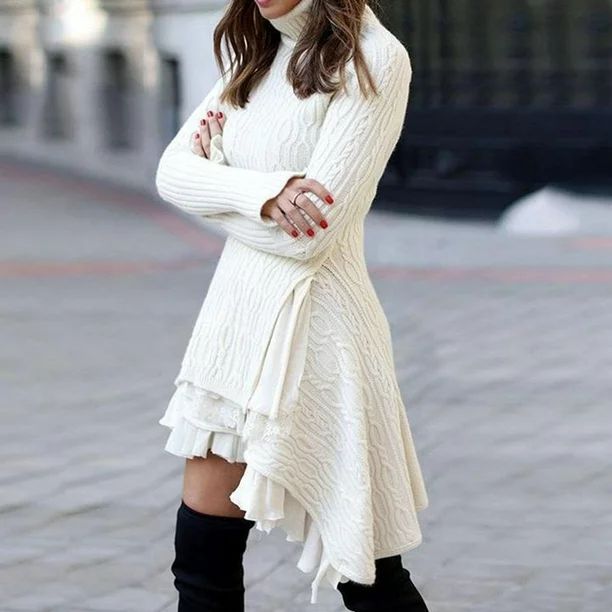 Fashionable Solid Cable-knit Turtleneck Casual Long Sweater Dress for Women - Walmart.com | Walmart (US)