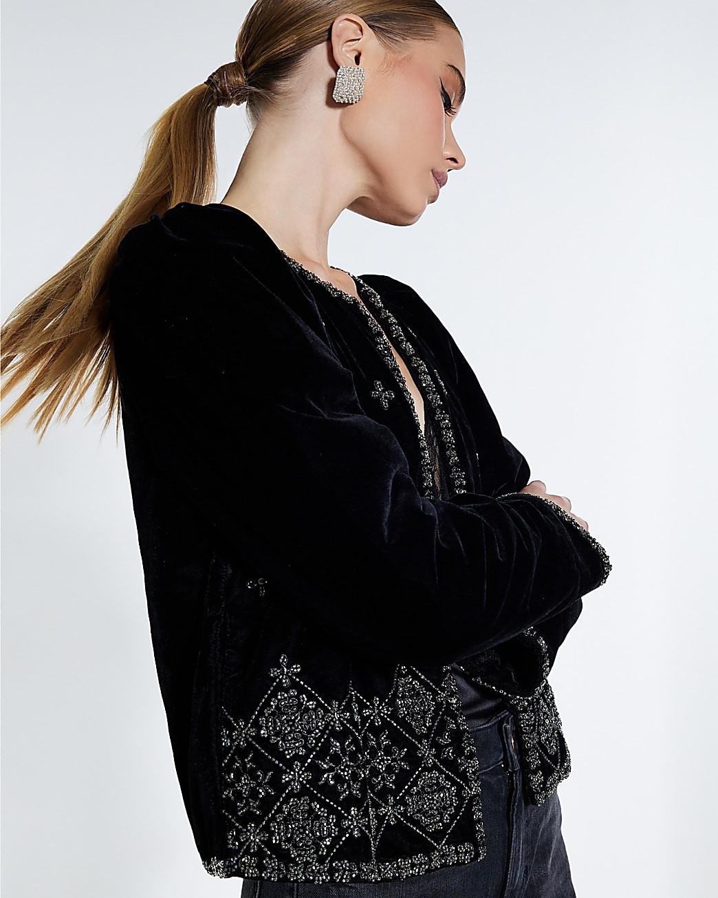 Black Velvet Embellished Jacket | River Island UK & IE