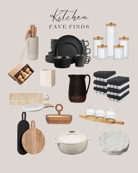 Kitchen Amazon finds:
Black and white towels. Natural wood boards. Glass storage jars. Beige knife set. Natural dish brush. Natural tray with 3 glass. White marble spoon. Wood divided container. White oven Black matte dinnerware set. Cream dinner plates set. Black pitcher. Stone wastebasket.

#LTKhome #LTKsalealert