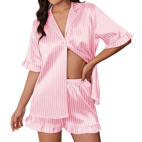 Ekouaer Silk Satin Pajamas for Women Print 2 Piece Button Down Pjs Shorts Set Ruffle Sleepwear,Pink White Stripes,XXL | Amazon (US)