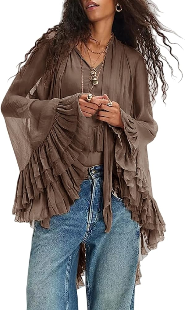Women's Sheer Chiffon Long Sleeve Top Ruffle Blouse Flowy Lantern Sleeve Sexy See Through Tunic F... | Amazon (US)
