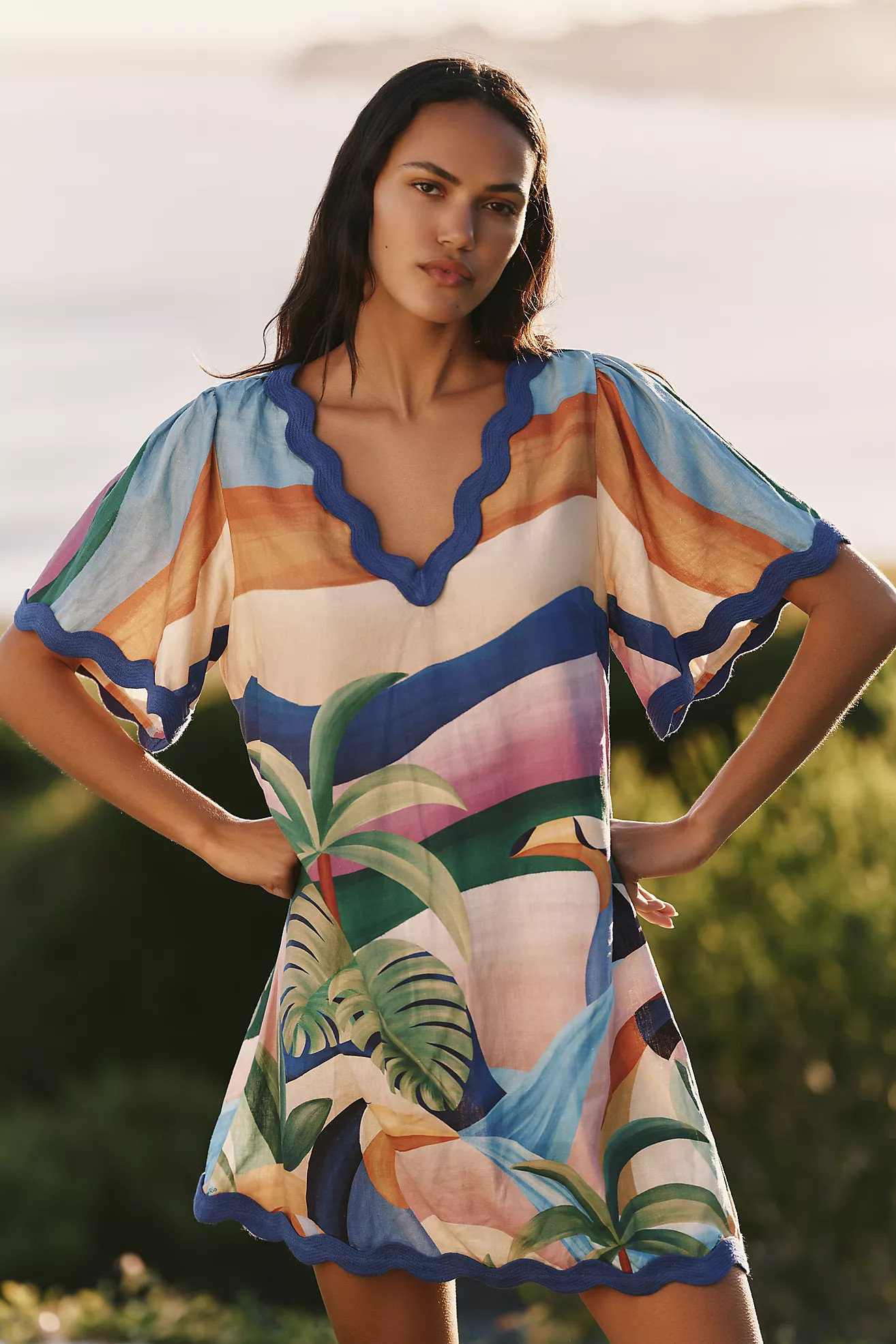 Farm Rio x Anthropologie Linen Blend Scalloped Mini Dress | Anthropologie (US)