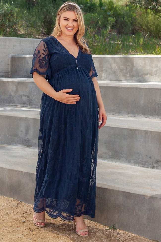 PinkBlush Navy Lace Mesh Overlay Plus Maternity Maxi Dress | PinkBlush Maternity