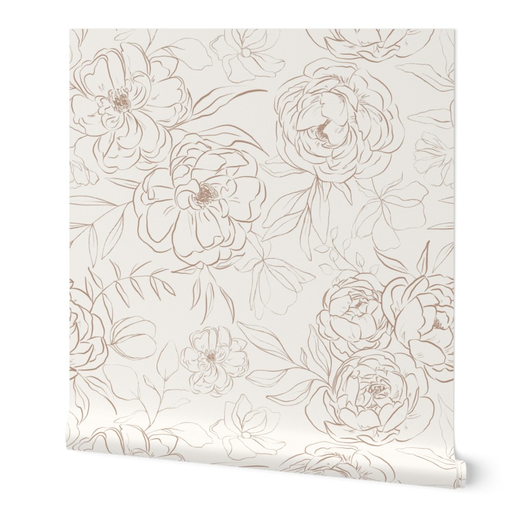 Wallpaper in Large / Sketch Peonies in Latte on Off-White | Spoonflower