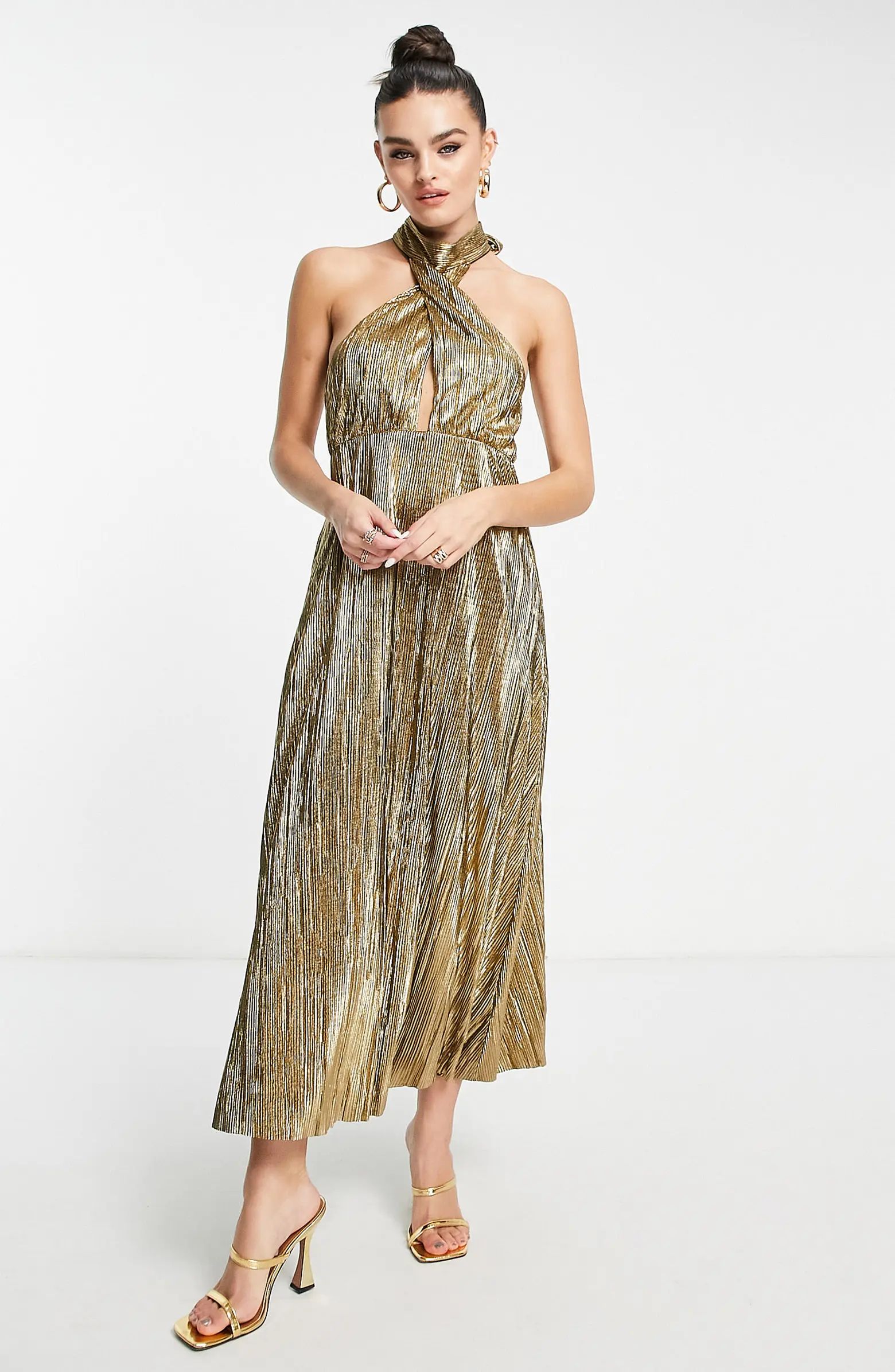 Topshop Metallic Halter Neck Plissé Midi Dress | Nordstrom | Nordstrom