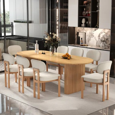 90.55" Extendable Oval Dining Table Set for 6-8 People, MDF Top Expandable Dinner Table with Chenille Upholstered Chairs, Rubber Wood Legs Dining Set | Wayfair North America
