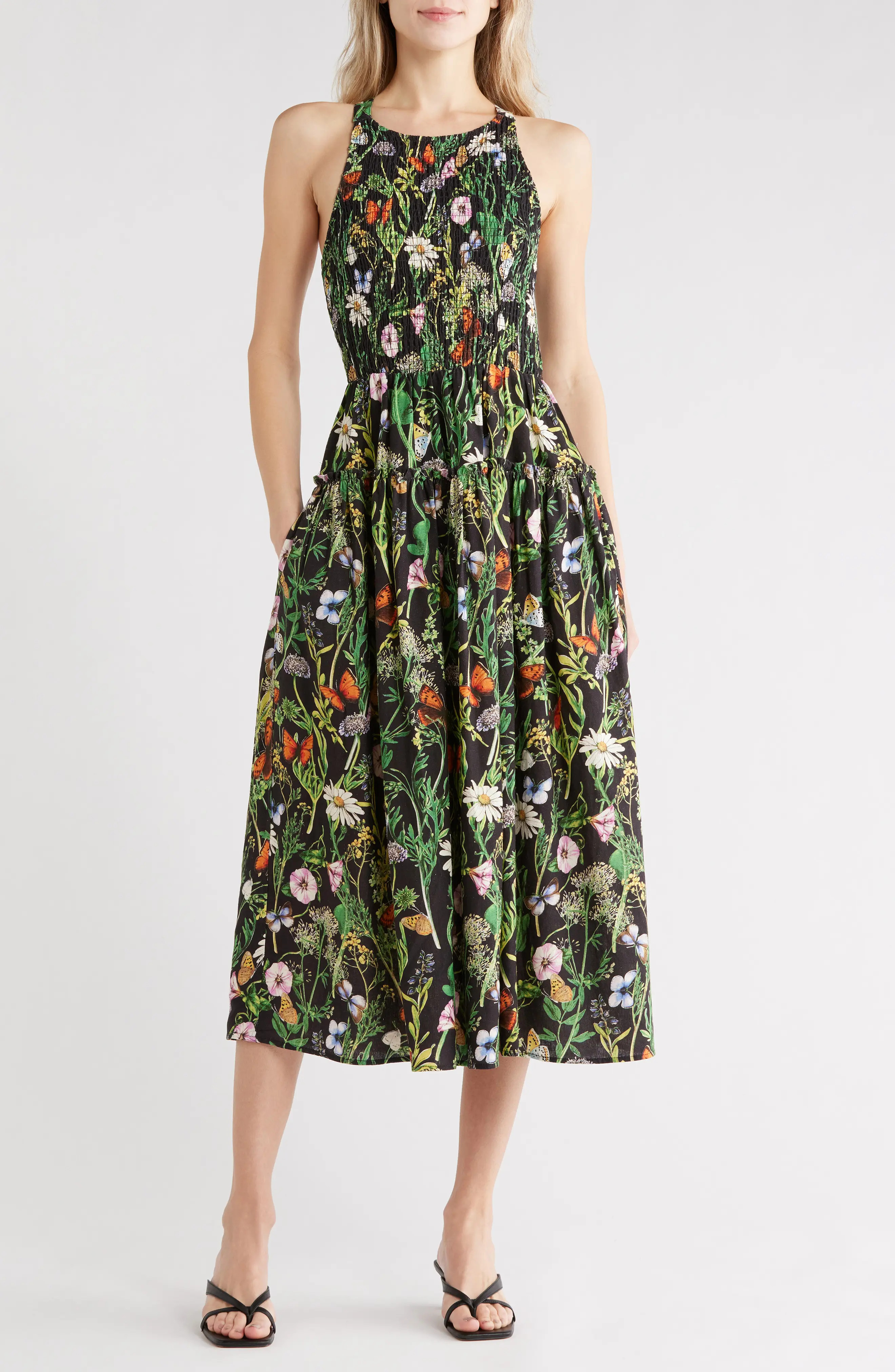 Floral Smocked Bodice Linen Blend Midi Dress (Women) | Nordstromrack | Nordstrom Rack