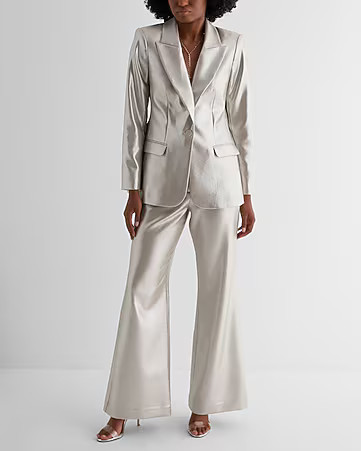 Metallic One Button Blazer + Editor Metallic Trouser Flare Pant | Express