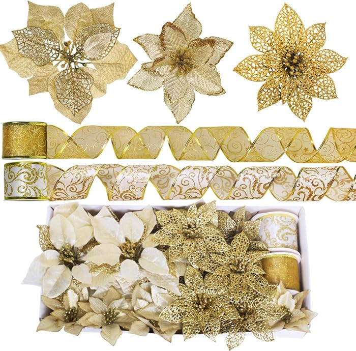 Winlyn 26 Set 3 Style Christmas Gold Glitter Poinsettia Flowers Picks Xmas Tree Ornaments and 20 ... | Amazon (US)