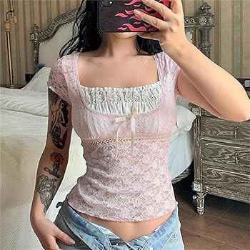 Women Y2K Lace Crop Top Sweet Puff Short Sleeve Square Neck Tee Slim Fit Vintage Fairy Grunge Str... | Amazon (UK)