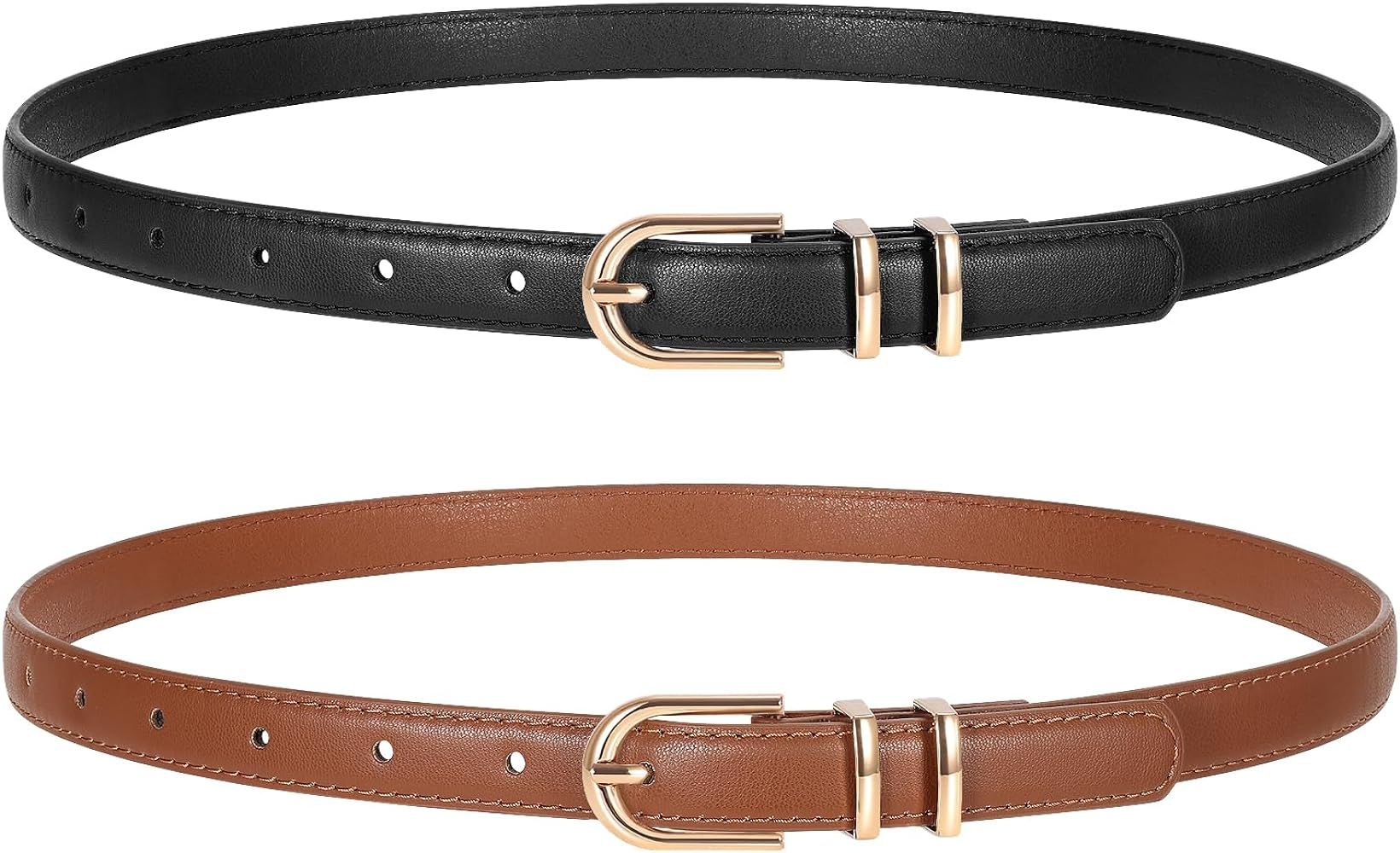 2 Pack Women Skinny Leather Belts for Jeans Pants Thin Faux Leather Belt with Gold Buckle | Amazon (US)