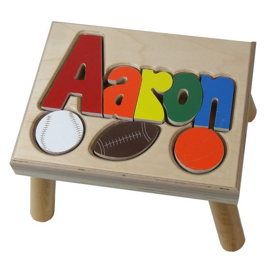 Hollow Woodworks Personalized Name Puzzle Stool Bench – Sports | The Tot