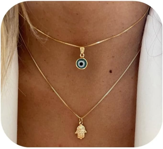Evil Eye Necklace for Women 14K Gold Plated Delicate Necklaces Blue White CZ Diamond Pendant Neck... | Amazon (US)