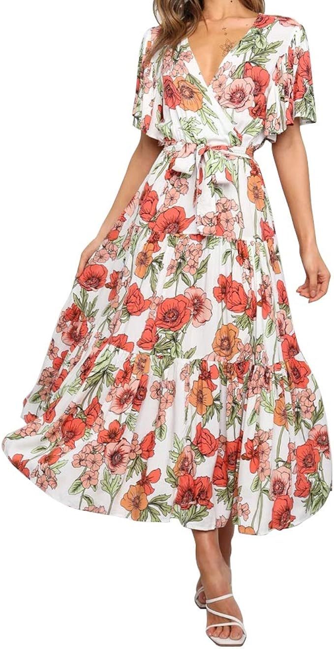 Exlura Women's Summer Dresses Bohemian Floral Printed V-Neck Short Sleeve Midi Dress with Belt | Amazon (US)