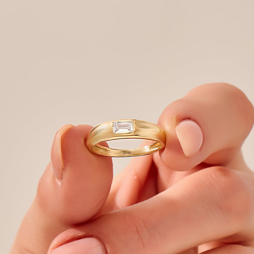 14k Thick Engagement Ring, Solid Gold Anniversary Band, Womens Emerald Cut Bezel Diamond Cz Ring,... | Etsy (US)