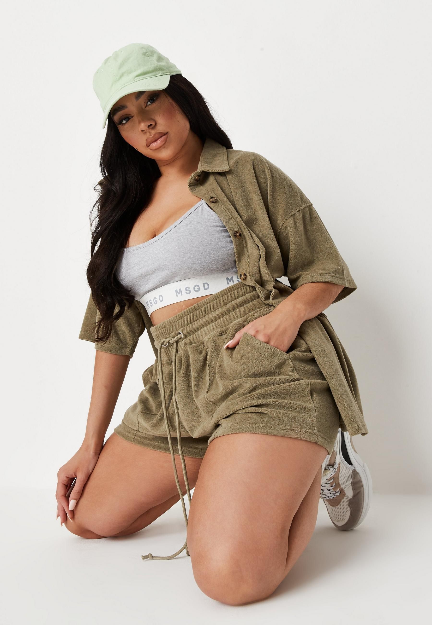 Hannah Renée Edit Plus Size Green Towelling Pin Tuck Boxer Shorts | Missguided (US & CA)