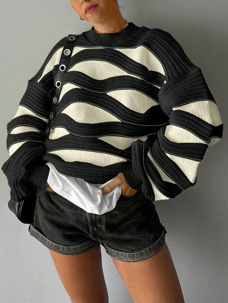FOR BEAUTY Autumn And Winter New Women Black Round Neck Wavy Striped Contrasting Long Sleeved Kni... | SHEIN