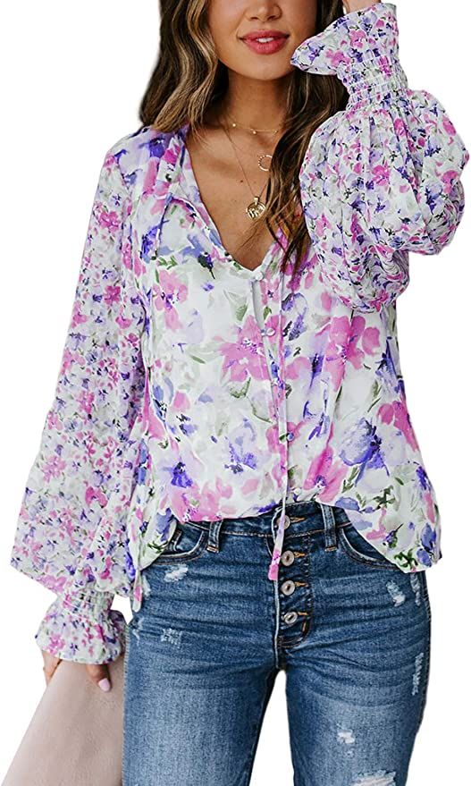 Biucly Women's Casual Boho Floral Print V Neck Long Sleeve Drawstring Tops Loose Blouses Button D... | Amazon (US)