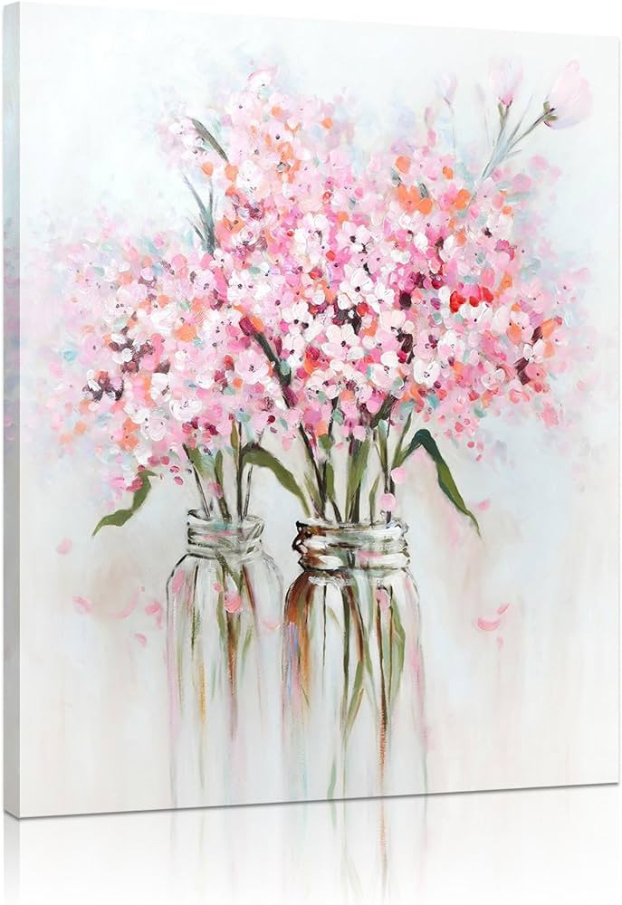 YPY Pink Flowers Canvas Wall Art: Abstract Bouquet in Vase Artwork Prints for Teen Girl Bedroom P... | Amazon (US)
