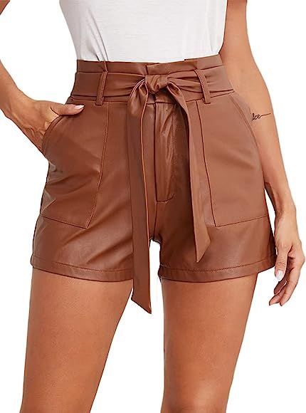 Floerns Women's Casual Belted Wide Leg High Waisted Leather Shorts with Pocket | Amazon (US)