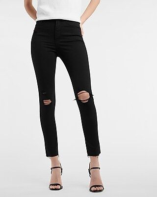 High Waisted Black Ripped Raw Hem Skinny Jeans | Express